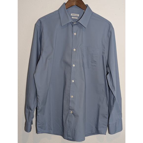 Haggar Shirt Men's Size 17-17.5 Solid Blue Long Sleeve Button Up Cotton Blend - Picture 1 of 7